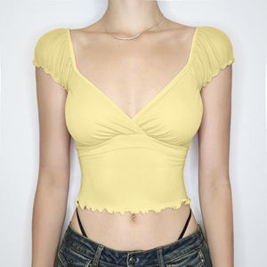Camiseta Corta de Verano para Mujer con Manga Abullonada y Cuello en V, Ajuste Delgado, Color Sólido, Estilo Americano Sexy - Product Image 1