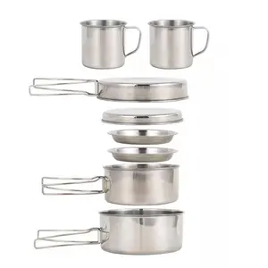 Outdoor Stainless Steel Camping Cookware Set 8 Pcs Portable Collapsible Folding Hiking Cooking Pot Picnic Utensils Bowl Cup Set