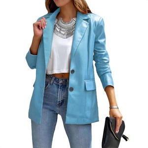 Giacca a maniche lunghe autunno primavera giacca SolidPU in <span class=keywords><strong>pelle</strong></span> giacca Top da <span class=keywords><strong>donna</strong></span> con doppio bottone Casual in <span class=keywords><strong>pelle</strong></span> - Product Image 5