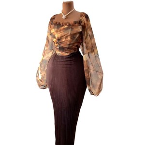New Elegant <b>Square</b> Collar Lantern Sleeve Shirt High Waist Half-body Skirt Women's Casual 2-piece <b>Set</b> Fashion - Product Image 1