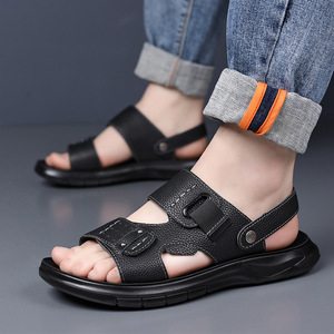 Men's Summer Sandals Top Layer Cowhide Flat Thick Soled Beach Casual Shoes Slip On Brown Black 9803 - Product Image 4