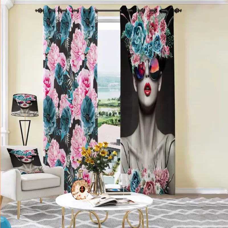 2023 nouveau rideau imprimé personnalisé 100% rideaux de salon numériques panneau imprimé Floral Polyester rideau de fenêtre occultant
