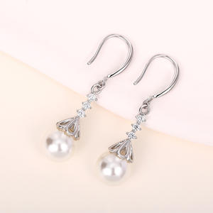Elegant White Gold <b>Pearl</b> Drop <b>Earrings</b> With Round Brilliant Cut Diamonds For Wedding Women's 925 Silver Classic Style - Product Image 3