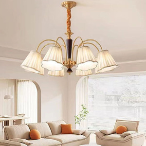 Lustre de salon rétro américain en cuivre massif Nanyang, luminaire suspendu vintage en bois massif de style français pour salle à manger et chambre à coucher - Product Image 5