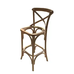 Commercial Use Rattan Wood Seat Bar Stool Retro Wood Cross Back Bar Chair