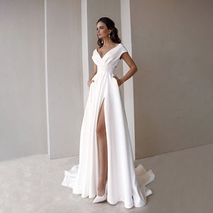 مخصص الساتان مطرز حمالة المنصة فتحة عالية روبا Vestido Largo De Mujer فستان الزفاف ثوب 50 فساتين حفلة خدمة OEM - Product Image 1