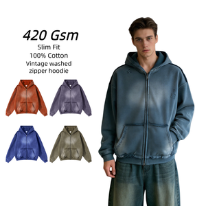 Heavyweight 420Gsm 100% Cotton French Terry Pullover low price hoodies Custom Print slim fit Men Vintage Washed zip up Hoodie - Product Image 1
