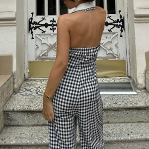 Sexy Backless Hollowed Out Loose Waist Shirt Collar Zipper Plaid Models Wide Legged <b>Pants</b> Women's Jumpsuit Fashion - Product Image 4