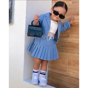 RTS 2024 Spring summer and autumn Infant Toddler Girl Blue Long Sleeve Blazer +crop shirt +Pleated Skirt 3pcs Clothing Set