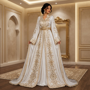 Robe de soirée maxi caftan marocain en satin blanc brodé, avec traîne Watteau, col en V, manches lanternes, coupe trapèze, élégante, motif floral, style Abaya - Product Image 3