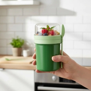 Gobelets portables en plastique à double couche scellés <span class=keywords><strong>pour</strong></span> petit-déjeuner, fruits, <span class=keywords><strong>milkshake</strong></span>, salades, yaourts, flocons d'avoine instantanés avec cuillère - Product Image 4