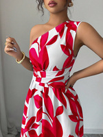 Robe longue d'été pour femme, asymétrique à une épaule, sans manches, cintrée à la taille, fendue, imprimé feuilles, amincissante, pour les vacances