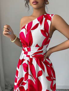 Robe longue fendue asymétrique sans manches à taille cintrée pour <span class=keywords><strong>femme</strong></span>, imprimé feuilles, amincissante, idéale pour les vacances - Product Image 1