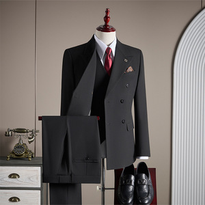 Ensemble de <span class=keywords><strong>costume</strong></span> trois pièces haut de gamme pour <span class=keywords><strong>homme</strong></span>, grande taille, croisé, anti-rétrécissement, col en V, pour mariages et affaires, en tissu peigné à devant plat - Product Image 1