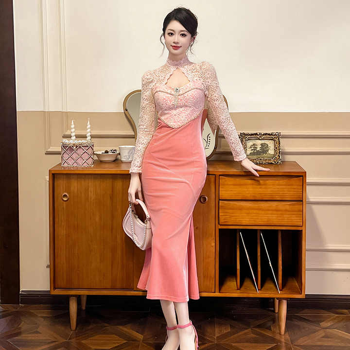 Lace Stitching Floral Short Contrast Color Slimming Bare Back Dress main image 1
