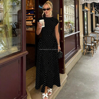 Robe longue OEM personnalisée à pois, manches courtes, taille haute, style vintage, coupe trapèze, élégante, décontractée, pour femme, style Hepburn français