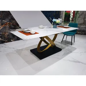 Luxe Moderne Minimalistische Eettafel Roestvrijstalen Ambachtelijke Basis Gesinterde Stenen Eettafel