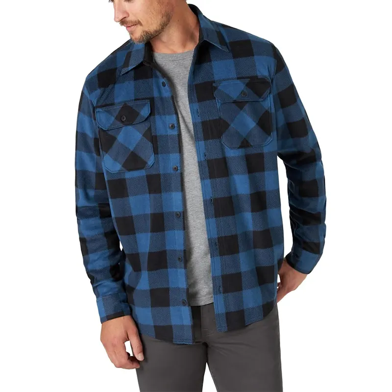Men's Long Sleeve Heavyweight Winter Custom Logo Men Fleece Flannel Plaid Shirt