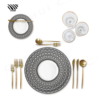 Service de vaisselle en porcelaine en gros, motif noir et blanc porte-bonheur, compatible lave-vaisselle, four et micro-ondes, réutilisable pour table de mariage
