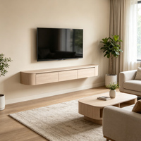 Meuble TV mural flottant avec panneaux incurvés, grand rangement, trois tiroirs, placage bois, console multimédia pour salon