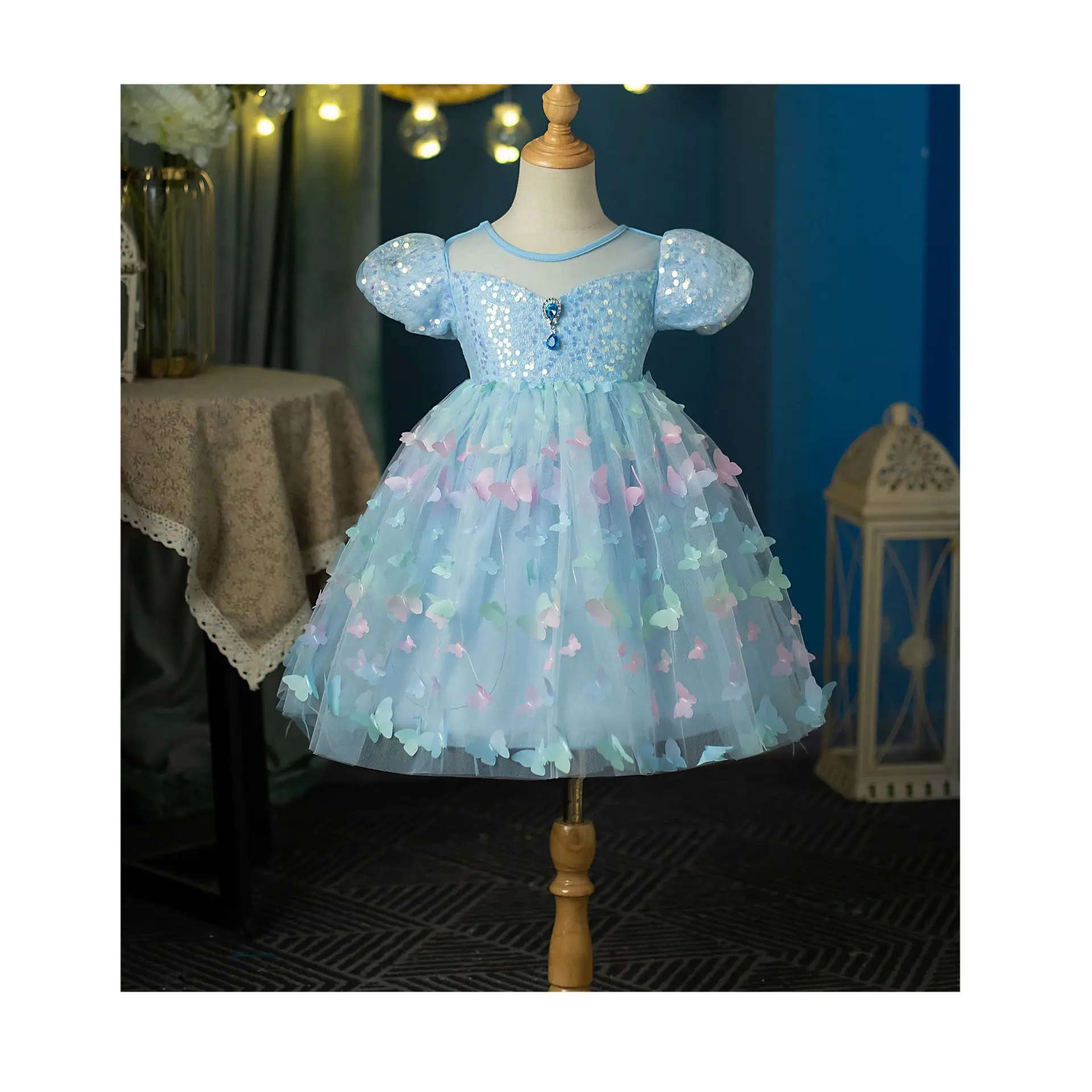 Gaun anak perempuan cantik gaun pesta hadiah anak perempuan kain kasa berpakaian jaring kupu-kupu ulang tahun gaun anak perempuan putri bunga