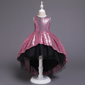 Girls Princess Dress Sequined Ball Gown O-Neck Tulle Pink Flower Girl Dress With Train Childrens Evening Gown - Product Image 1