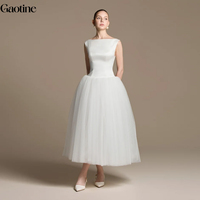 Robe de Soirée Personnalisée OEM ODM pour Femme, en Satin Ivoire et Tulle, Col Bateau, Sans Manches, Taille Basse, Longueur Midi, pour Bal de Promo ou Demoiselle d'Honneur, Vente en Gros