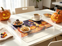 Plateau en acrylique imprimé sur mesure avec poignées découpées, plateau de service rectangulaire transparent décoratif pour Halloween, pour la maison et les fêtes, OEM