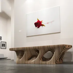 Banc d'art en bois moderne à lames, mobilier de salon commercial avec décoration artistique pour salle d'attente extérieure et fauteuil - Product Image 3
