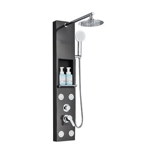 <span class=keywords><strong>Panel</strong></span> de ducha negro con estante de almacenamiento, juego de grifo de ducha de lluvia, columna de ducha de baño de chorro de masaje SPA, torre de grifo mezclador de <span class=keywords><strong>bañera</strong></span> - Product Image 1