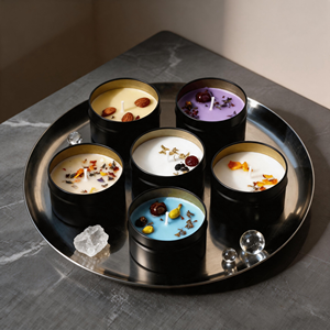 Handmade Soy Wax Aromatherapy <b>Candles</b> <b>Set</b> In Metal Jars With Floral Plant Scents For Yoga And Meditation Minimalist Style - Product Image 1