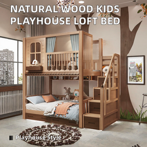 Lit superposé pour enfants avec escalier de rangement, maisonnette en bois massif, lit mezzanine avec tiroirs et rideaux pour garçons et filles - Product Image 2