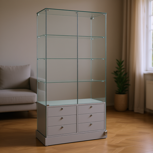 Modern Glass Display Cabinet 95x46x180cm Light Grey With <b>6</b> <b>Drawers</b> And Hinged Lockable Doors - Product Image 3