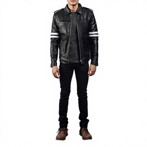 Men's <b>Black</b> Genuine Leather Heated Moto <b>Jacket</b> with Epaulet and Zipper Closure Regular Fit Mandarin Collar Winter Front Logo - Product Image 6