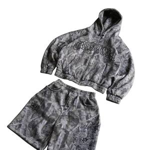 Custom Wholesale Heavyweight Cotton Fleece All Over Print Floral Texture Acid Wash Full Zip Mens Hoodie and Shorts <b>Set</b> - Product Image 1