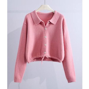 Cardigan rose à col polo pour femme Zhan Ya, tricoté à manches longues, coupe ajustée, simple boutonnage, anti-boulochage - Product Image 1