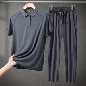 Fashion Comfortable Casual Knitted Polyester Mens Summer Leisure Short Sleeve Solid <b>Plain</b> Dyed <b>Tshirt</b> + Pants Two Piece Set 500g - Product Image 3