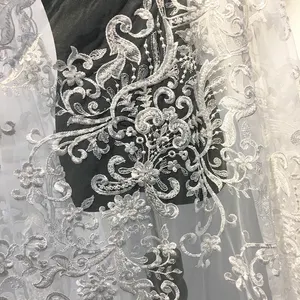 Tessuto di pizzo da sposa con perline del produttore della fabbrica lussuoso pizzo bianco avorio del tessuto dell'abito da sposa