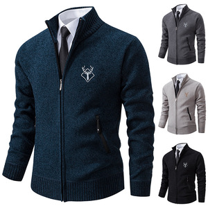 Cárdigan <span class=keywords><strong>de</strong></span> <span class=keywords><strong>punto</strong></span> informal <span class=keywords><strong>de</strong></span> invierno 2026 nuevo para <span class=keywords><strong>hombre</strong></span>, cuello mandarín, sin cierre, antiarrugas, manga larga, forro polar grueso, color liso - Product Image 1