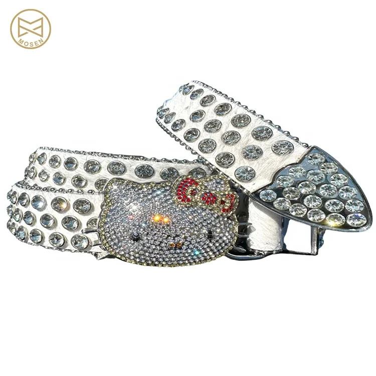 Fashion Streetwear Custom Metal Pin Buckle Rhinestones with New PU Leather Belt Rhinestone Buckles Kitty