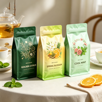 Sachets de thé en aluminium à fond plat, imprimés sur mesure, résistants à l'humidité, avec fermeture à glissière sur 8 côtés, adaptés au café, au thé et aux collations