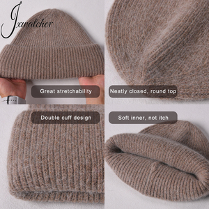 <span class=keywords><strong>Bonnet</strong></span> en laine d'angora tricoté pour <span class=keywords><strong>femme</strong></span>, doux, <span class=keywords><strong>chaud</strong></span> et moelleux, avec patch en cuir personnalisé, <span class=keywords><strong>bonnet</strong></span> uni pour les voyages - Product Image 4