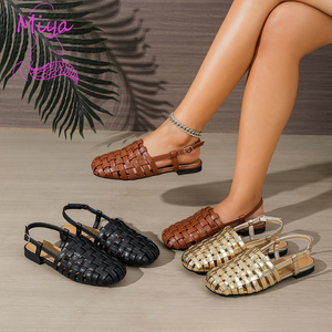 Sandalias Planas de Verano para Mujer, Estilo Romano, con Correa de Cuero PU Sólido, Tejidas, Punta Cerrada, con Hebilla en el Tobillo, para la Playa - Product Image 1