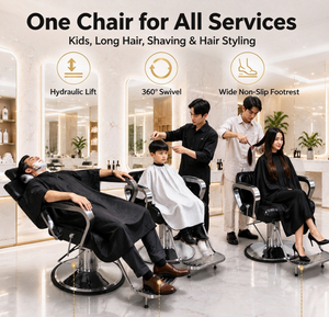 Sillón de Barbero de Cuero PU Negro, Silla de Salón Reclinable con Elevación Hidráulica, Reposapiés Ajustable, Base Redonda para Barbería - Product Image 4