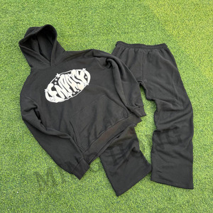 Custom Puff Print Heavyweight Fleece Cropped Hoodie And <b>Sweatpants</b> <b>Sets</b> Men's Tracksuit - Product Image 1
