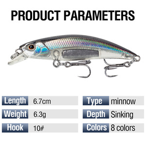 Nuova esca artificiale da 6.7cm 6.3g da 8 colori esca per spigole esche da nuoto in plastica dura lunga che affonda esca da pesca in acqua salata - Product Image 2