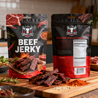Bolsas Doypack Personalizadas con Cierre, Impresas Digitalmente en Negro y Naranja, de 150g, 250g y 300g, para Carne Seca de Cerdo y Res