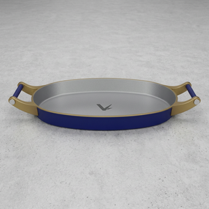 Bandeja de Coctelería Clásica de Metal con Asas de Madera, Base Azul, Accesorio de Bar Reutilizable - Product Image 1