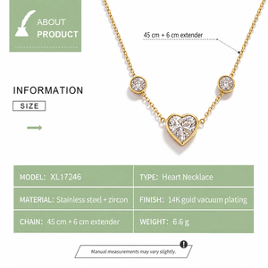 Collier Cœur en Zircon Acier Inoxydable Plaqué Or 14K sous Vide avec Accents Ronds Sertis, Chaîne de 45cm, Tons Or et Argent - Product Image 4