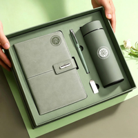 Promo Großhandel Business Luxus A5 Tagebuch-Flaschenset, personalisiertes grünes PU-Leder Notizbuch-Geschenkset mit Stift, Thermobecher und USB